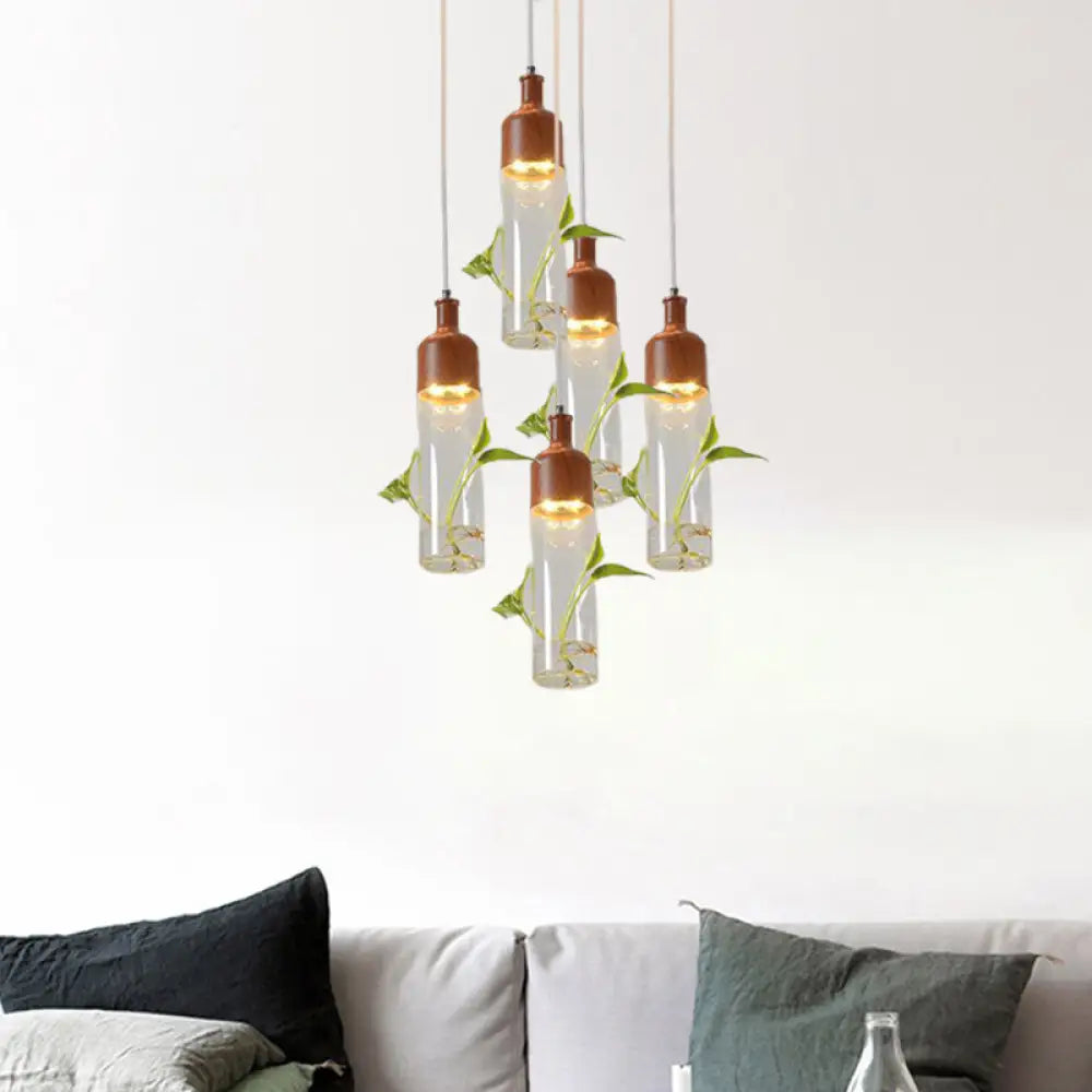 Lámpara de techo colgante con forma de racimo de botellas de vino antiguas - LED metálico con múltiples bombillas, acabado marrón