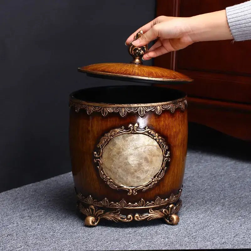 Antique wood and gold covered trash can with ornate bronze accents and shell inlay for decorbites living room decor