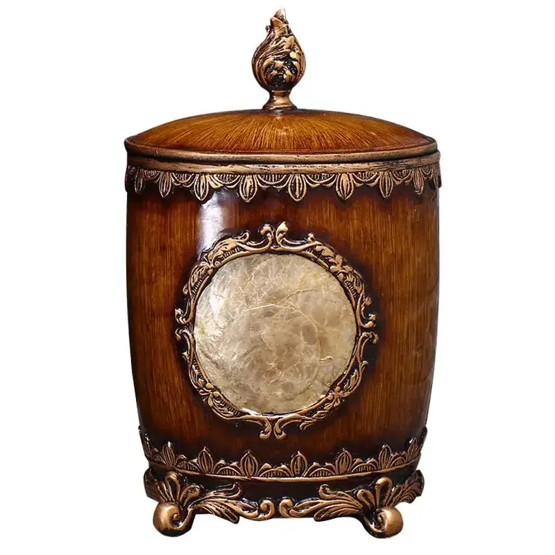 Antique wood and gold covered trash can with ornate bronze accents and shell inset for decorbites living room decor
