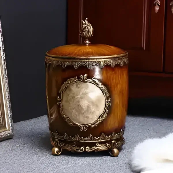 Antique wooden covered trash can with ornate brass horse head lid for decorbites living room decor