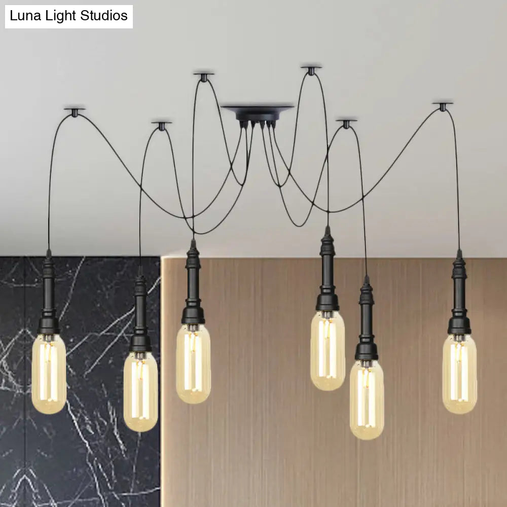 Antiqued Amber Glass Coffee House Ceiling Light - Capsule Multi 2/3/6 Head Black Swag LED Pendant