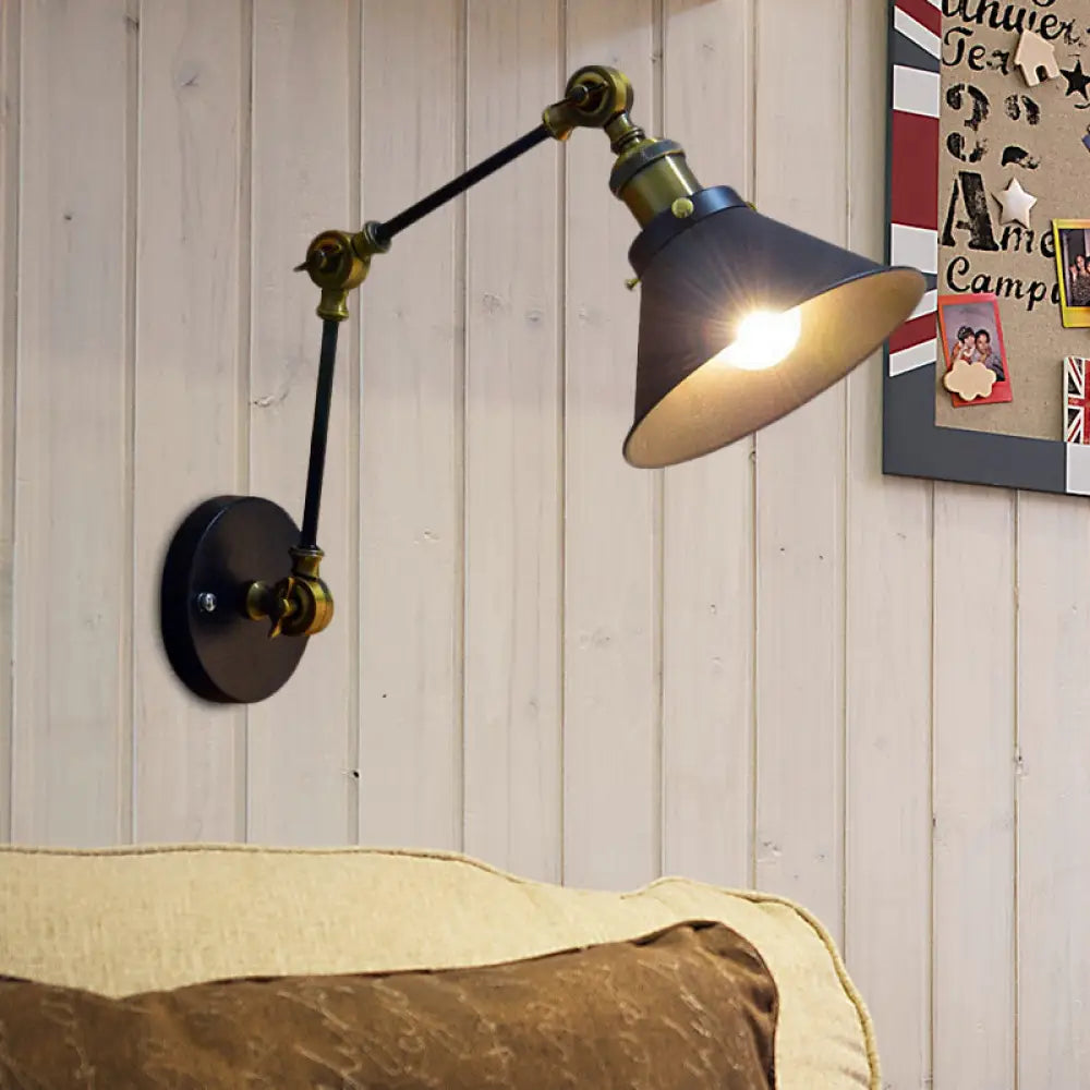 Aplique de pared antiguo con brazo articulado para mesilla de noche - 1 luz, montaje en pared con pantalla metálica