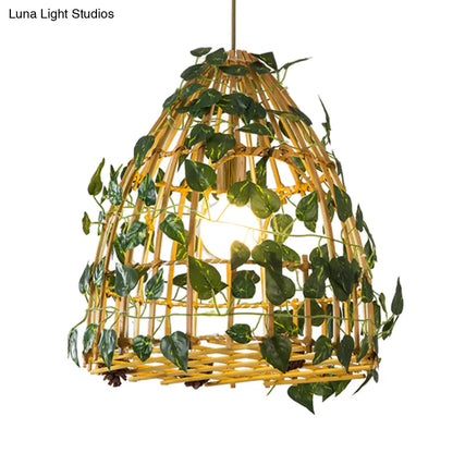 Antiqued Bell Cage Bamboo Suspension Pendant Light Kit in Beige + Faux Plant Deco