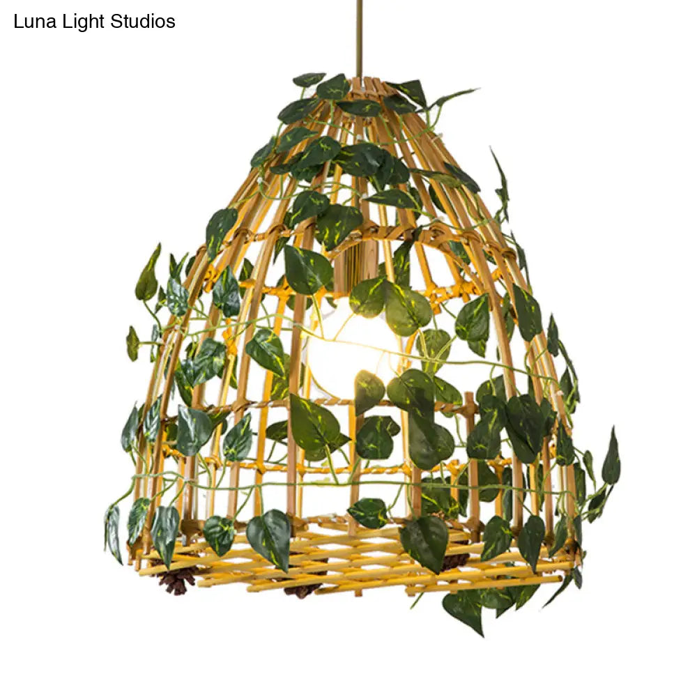 Antiqued Bell Cage Bamboo Suspension Pendant Light Kit in Beige + Faux Plant Deco