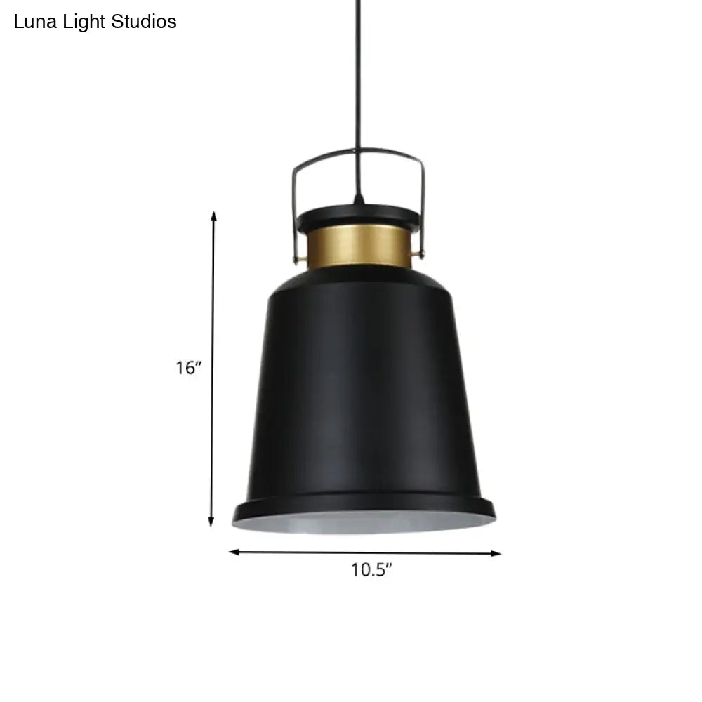 Antiqued Black Bell Pendant Lamp with Aluminum Handle and Down Lighting Bulb