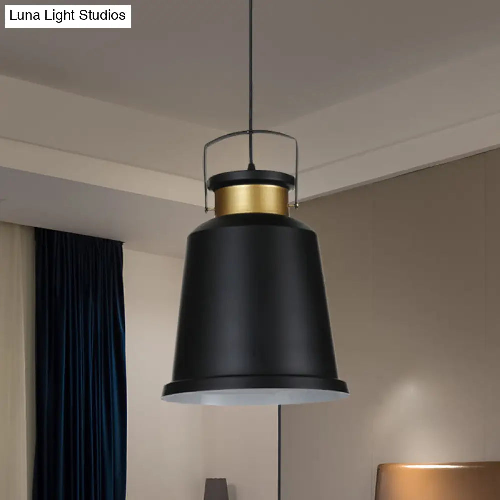 Antiqued Black Bell Pendant Lamp with Aluminum Handle and Down Lighting Bulb