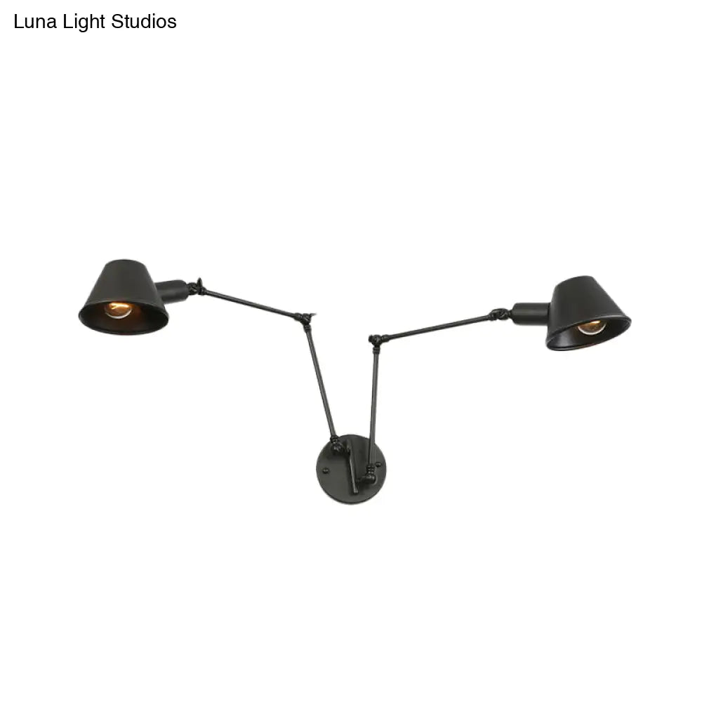 Aplique de pared de hierro negro envejecido con brazo articulado y pantalla acampanada - Lámpara de pared para dormitorio de 2/3 luces