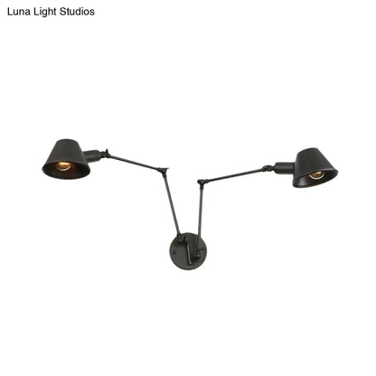 Aplique de pared de hierro negro envejecido con brazo articulado y pantalla acampanada - Lámpara de pared para dormitorio de 2/3 luces
