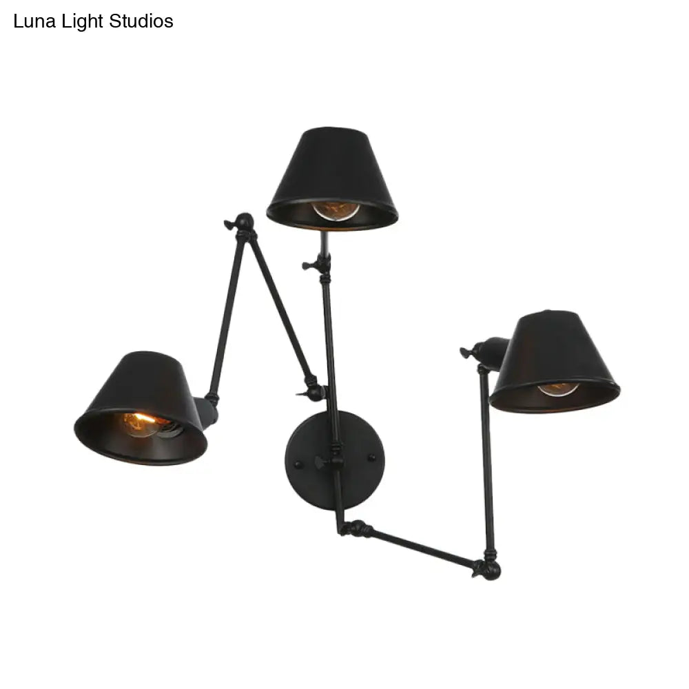 Aplique de pared de hierro negro envejecido con brazo articulado y pantalla acampanada - Lámpara de pared para dormitorio de 2/3 luces