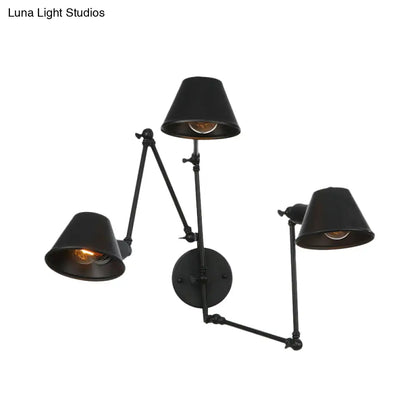 Aplique de pared de hierro negro envejecido con brazo articulado y pantalla acampanada - Lámpara de pared para dormitorio de 2/3 luces