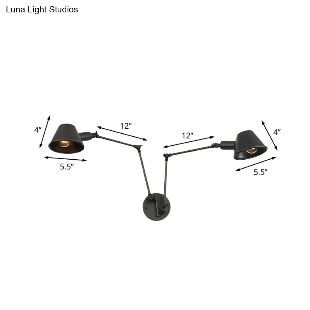 Aplique de pared de hierro negro envejecido con brazo articulado y pantalla acampanada - Lámpara de pared para dormitorio de 2/3 luces