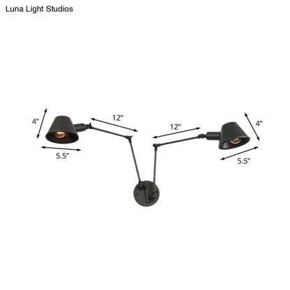 Aplique de pared de hierro negro envejecido con brazo articulado y pantalla acampanada - Lámpara de pared para dormitorio de 2/3 luces