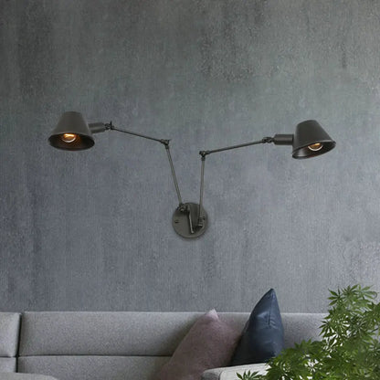 Aplique de pared de hierro negro envejecido con brazo articulado y pantalla acampanada - Lámpara de pared para dormitorio de 2/3 luces