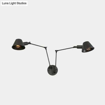 Aplique de pared de hierro negro envejecido con brazo articulado y pantalla acampanada - Lámpara de pared para dormitorio de 2/3 luces
