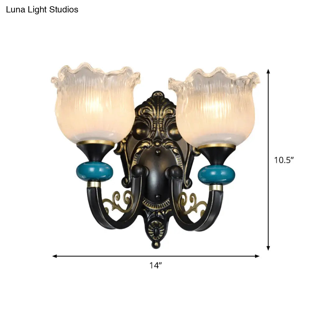 Aplique de pared floral de cristal opalino negro envejecido con diseño acanalado - Lámpara de pared