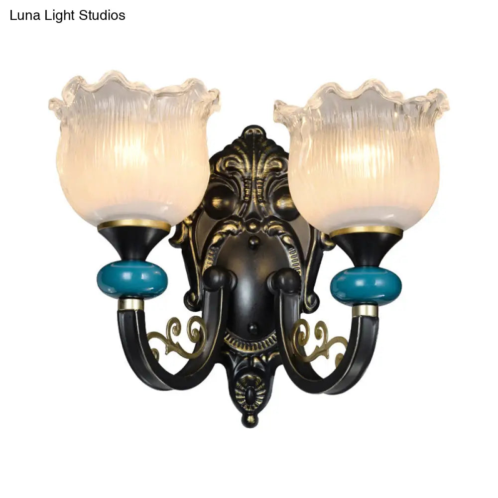 Aplique de pared floral de cristal opalino negro envejecido con diseño acanalado - Lámpara de pared