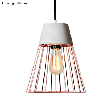 Antiqued Black/Rose Gold Conic Cage Ceiling Pendant Light with Cement Top and 1 Light