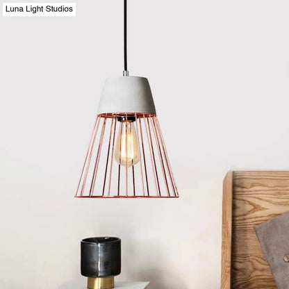 Antiqued Black/Rose Gold Conic Cage Ceiling Pendant Light with Cement Top and 1 Light