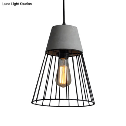 Antiqued Black/Rose Gold Conic Cage Ceiling Pendant Light with Cement Top and 1 Light