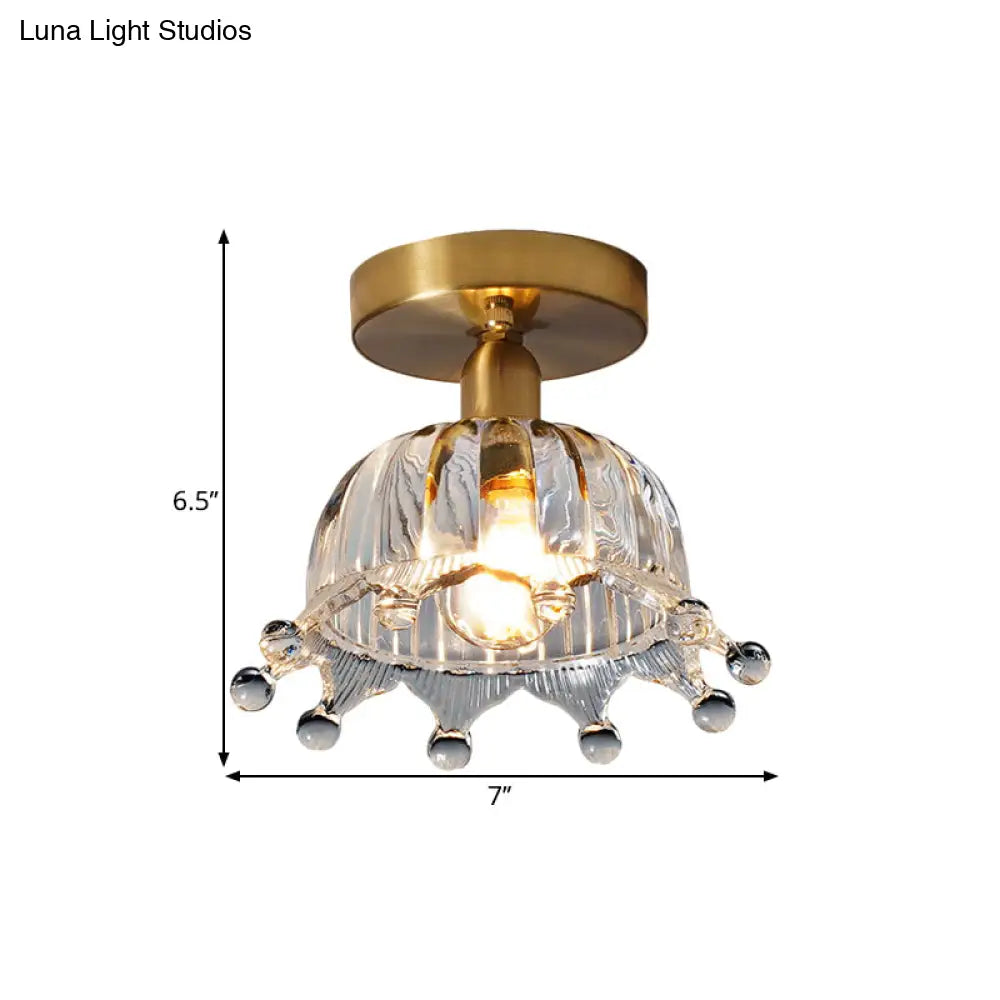 Antiqued Brass Fluted Glass Semi Mount Ceiling Light with Inverted Crown Design