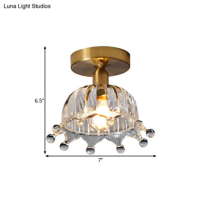 Antiqued Brass Fluted Glass Semi Mount Ceiling Light with Inverted Crown Design