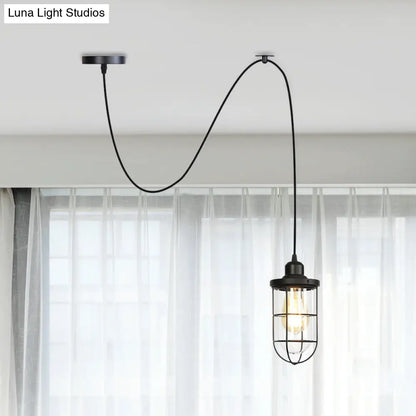 Antiqued Cage Pendant Light with Clear Glass and Adjustable Cord - Black Finish