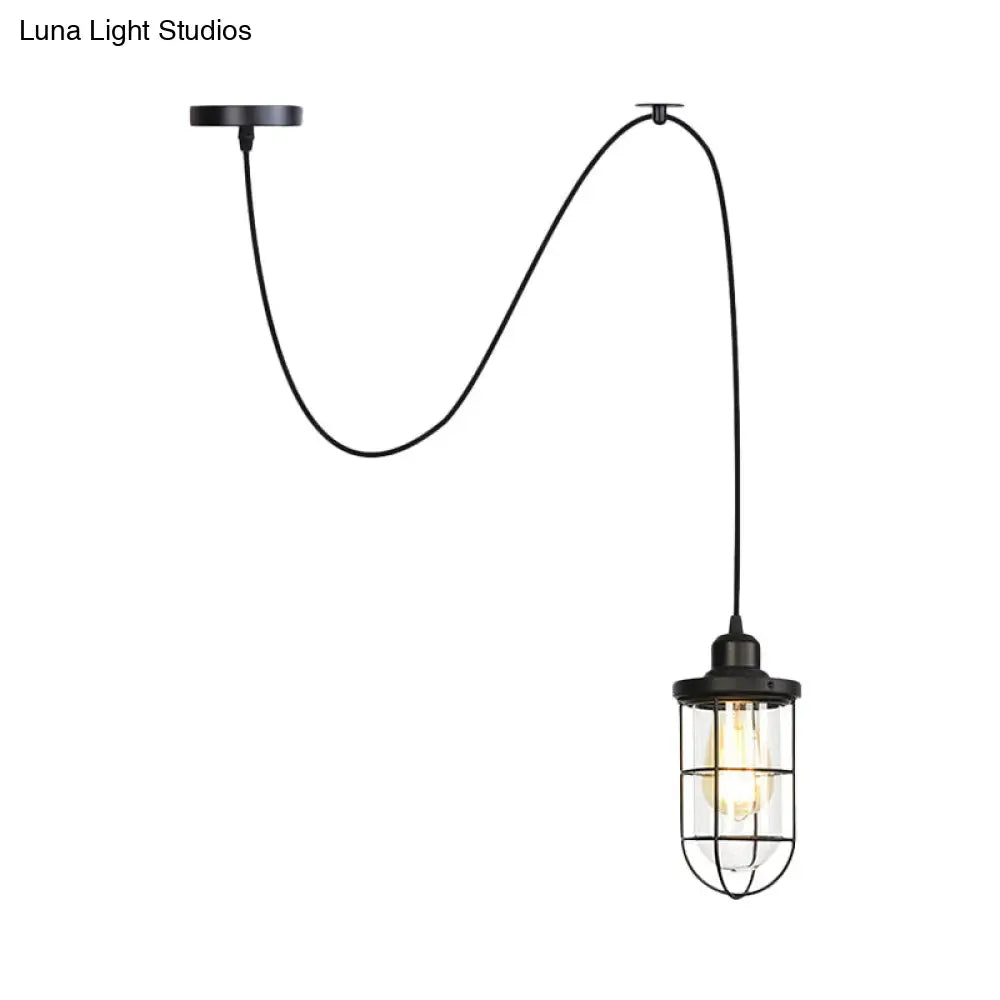 Antiqued Cage Pendant Light with Clear Glass and Adjustable Cord - Black Finish