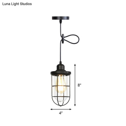 Antiqued Cage Pendant Light with Clear Glass and Adjustable Cord - Black Finish