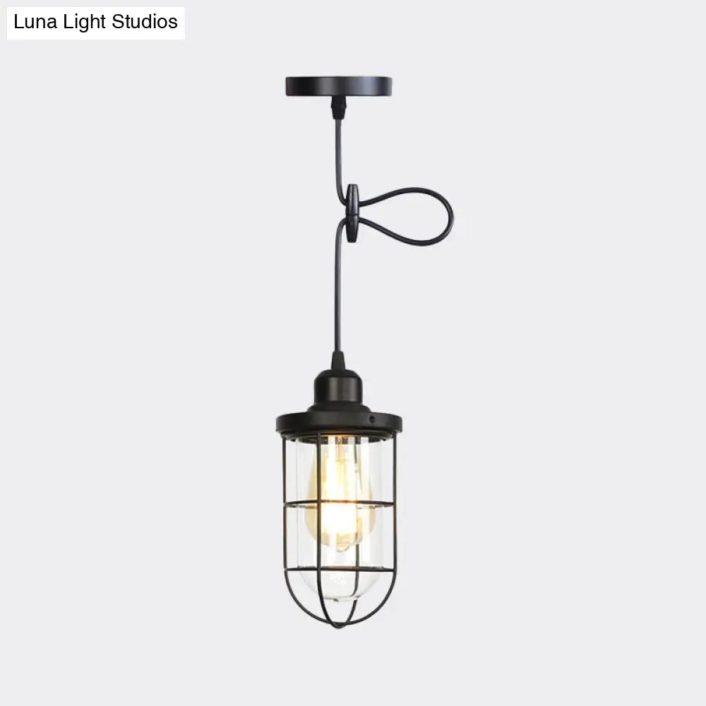 Antiqued Cage Pendant Light with Clear Glass and Adjustable Cord - Black Finish