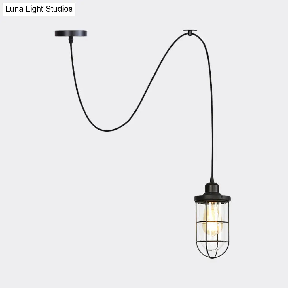 Antiqued Cage Pendant Light with Clear Glass and Adjustable Cord - Black Finish