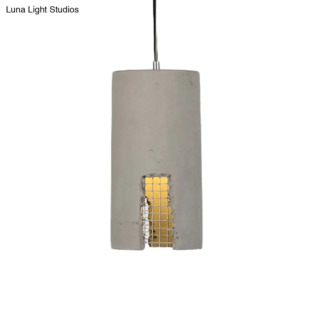 Antiqued Cement Pendant Lamp Fixture - Grey Cylinder/Dome Hanging Ceiling Light Bulb