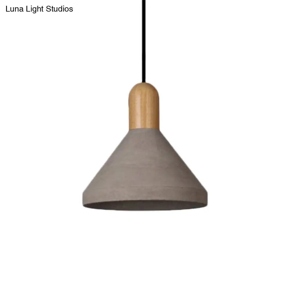 Antiqued Conical Cement Ceiling Light Restaurant Pendant Lamp in Grey with Wood Accents