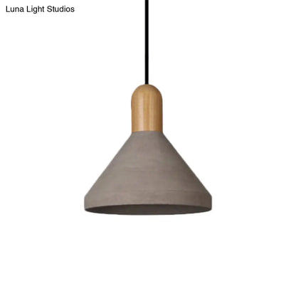 Antiqued Conical Cement Ceiling Light Restaurant Pendant Lamp in Grey with Wood Accents