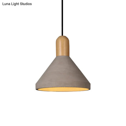 Antiqued Conical Cement Ceiling Light Restaurant Pendant Lamp in Grey with Wood Accents