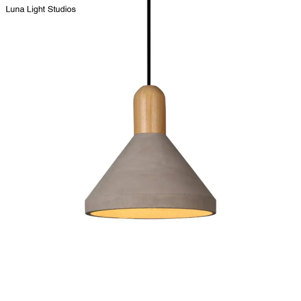 Antiqued Conical Cement Ceiling Light Restaurant Pendant Lamp in Grey with Wood Accents