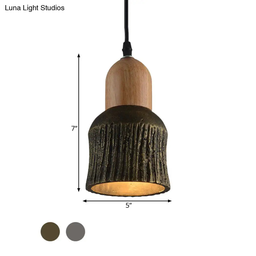 Antiqued Cup-Shape Ceiling Light: Cement Hanging Pendant Lamp (1 Head) - Silver/Black/Bronze with Wood Accents