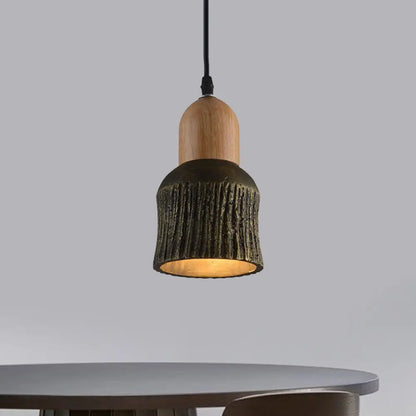 Antiqued Cup-Shape Ceiling Light: Cement Hanging Pendant Lamp (1 Head) - Silver/Black/Bronze with Wood Accents