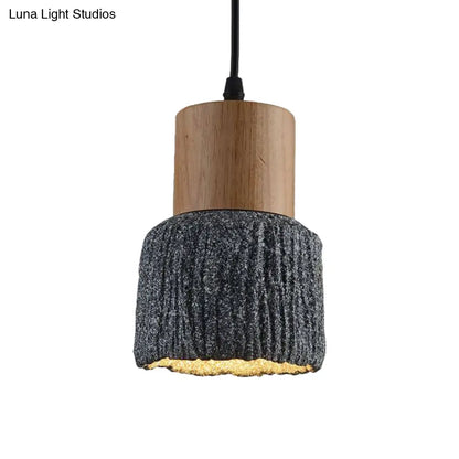 Antiqued Cup-Shape Ceiling Light: Cement Hanging Pendant Lamp (1 Head) - Silver/Black/Bronze with Wood Accents