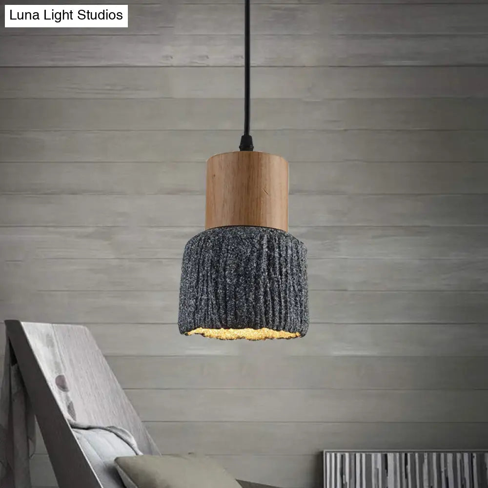 Antiqued Cup-Shape Ceiling Light: Cement Hanging Pendant Lamp (1 Head) - Silver/Black/Bronze with Wood Accents