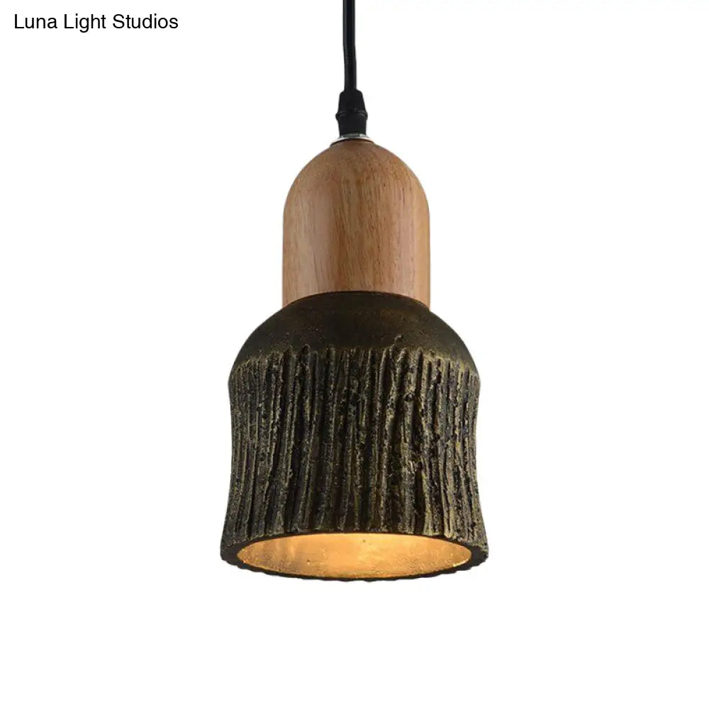 Antiqued Cup-Shape Ceiling Light: Cement Hanging Pendant Lamp (1 Head) - Silver/Black/Bronze with Wood Accents