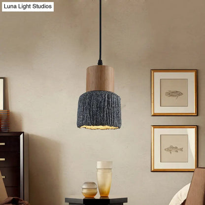 Antiqued Cup-Shape Ceiling Light: Cement Hanging Pendant Lamp (1 Head) - Silver/Black/Bronze with Wood Accents