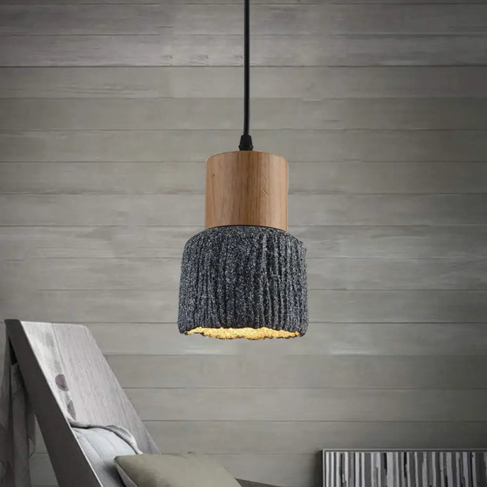 Antiqued Cup-Shape Ceiling Light: Cement Hanging Pendant Lamp (1 Head) - Silver/Black/Bronze with Wood Accents