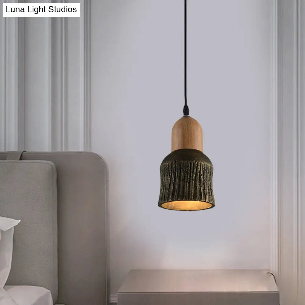 Antiqued Cup-Shape Ceiling Light: Cement Hanging Pendant Lamp (1 Head) - Silver/Black/Bronze with Wood Accents