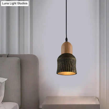 Antiqued Cup-Shape Ceiling Light: Cement Hanging Pendant Lamp (1 Head) - Silver/Black/Bronze with Wood Accents