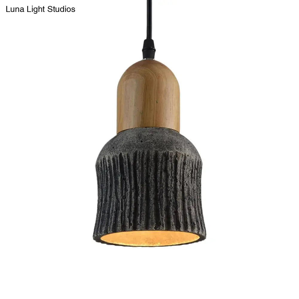 Antiqued Cup-Shape Ceiling Light: Cement Hanging Pendant Lamp (1 Head) - Silver/Black/Bronze with Wood Accents