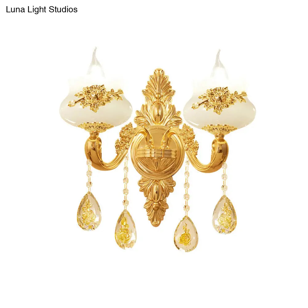 Aplique de pared con acabado dorado de imitación jade envejecido y colgante de cristal - Lámpara de pared para salón