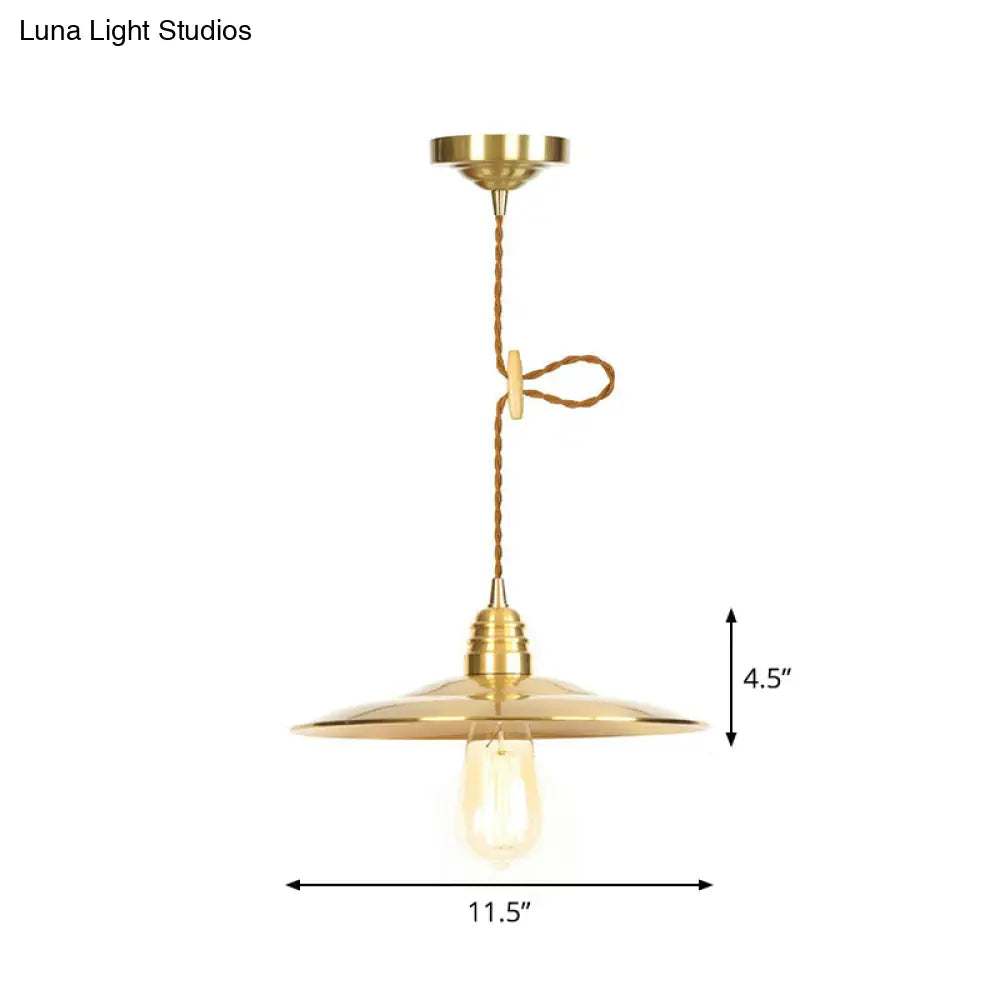 Antiqued Iron Gold Pendant Lamp with Single-Bulb, Flat/Bowl/Cone Shade Suspension Fixture