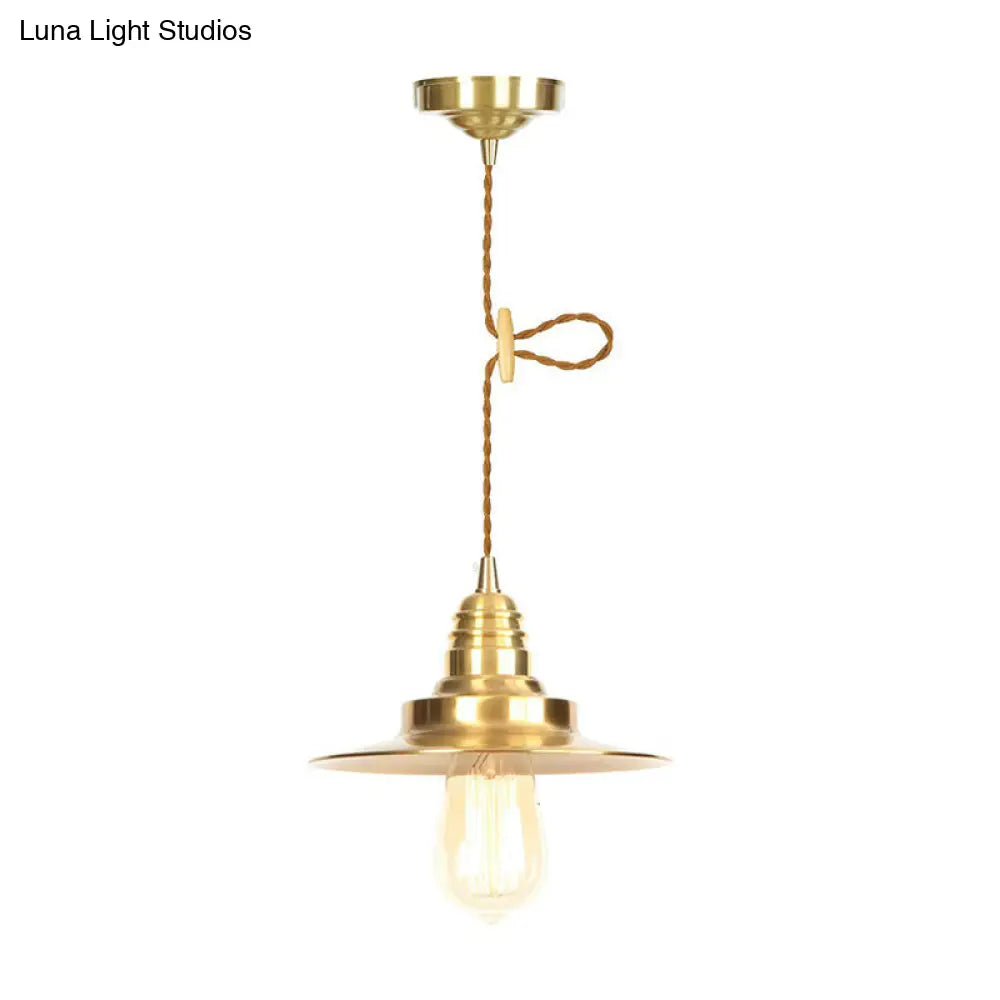 Antiqued Iron Gold Pendant Lamp with Single-Bulb, Flat/Bowl/Cone Shade Suspension Fixture