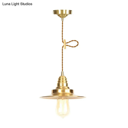 Antiqued Iron Gold Pendant Lamp with Single-Bulb, Flat/Bowl/Cone Shade Suspension Fixture