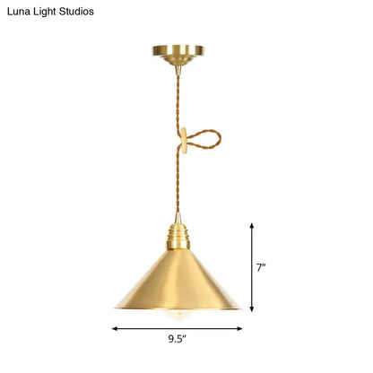 Antiqued Iron Gold Pendant Lamp with Single-Bulb, Flat/Bowl/Cone Shade Suspension Fixture